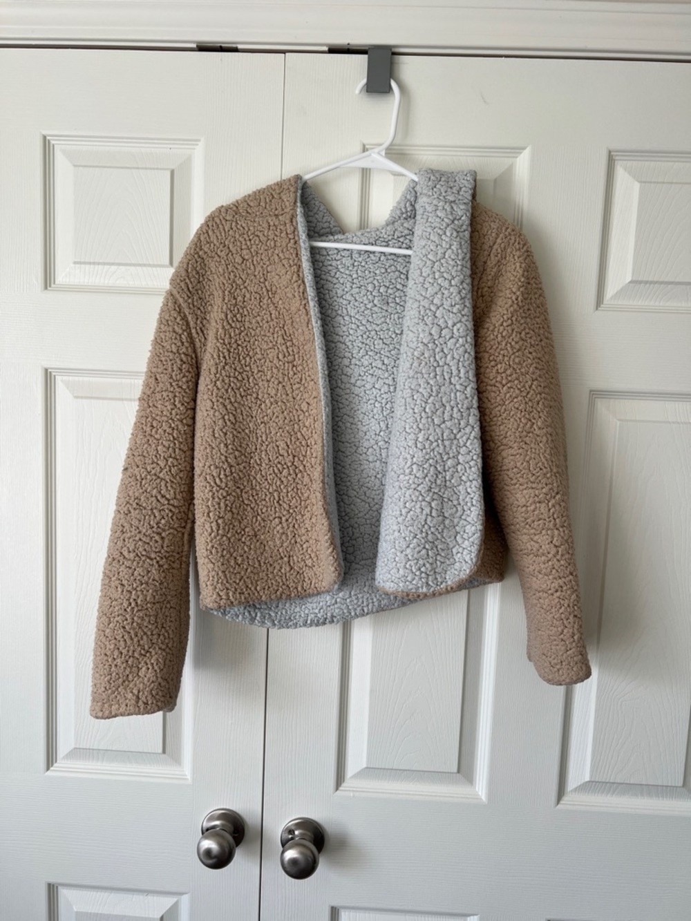 Reversible Sherpa Jacket - Taupe Exterior with Light Gray Interior